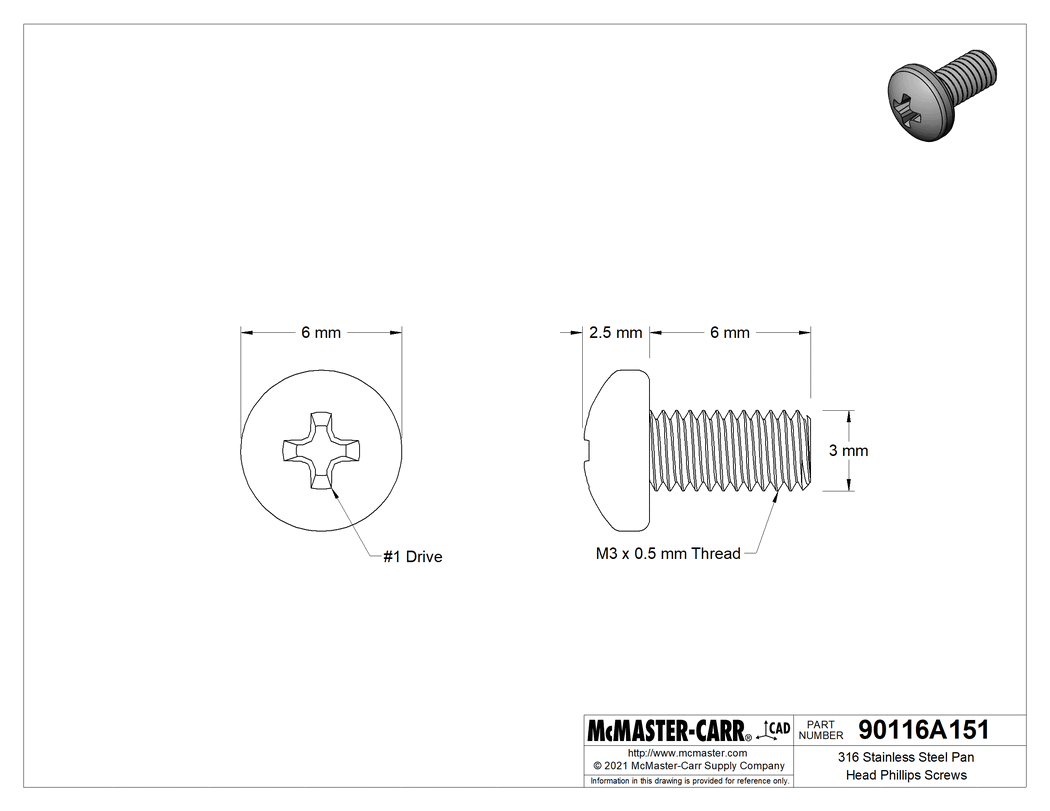 Technical Drawing of 316 Stainless Steel Pan Head Phillips Screws, M3 x 0.50 mm Thread, 6mm Long.